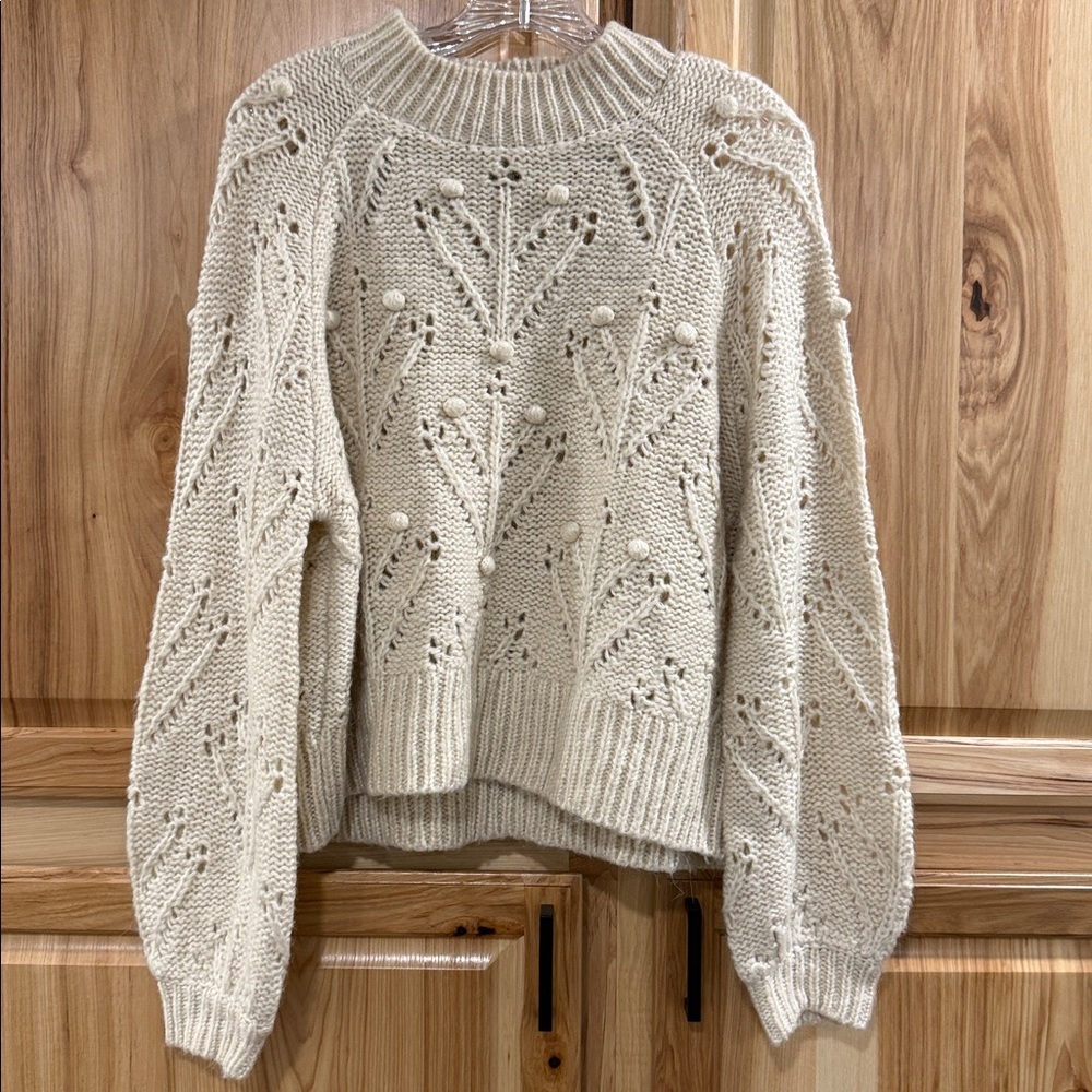 Silverflint Chunky Cream Knit Cottagecore Timeless Neutral Boho Sweater w/ Poms